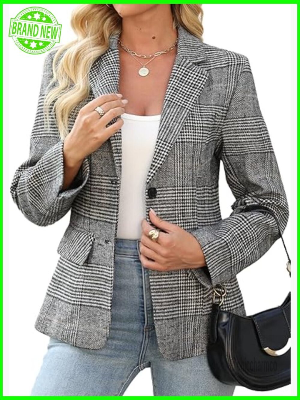 Womens Houndstooth Plaid 2 Button Blazer Jacket Notch Lapel Business Casual
